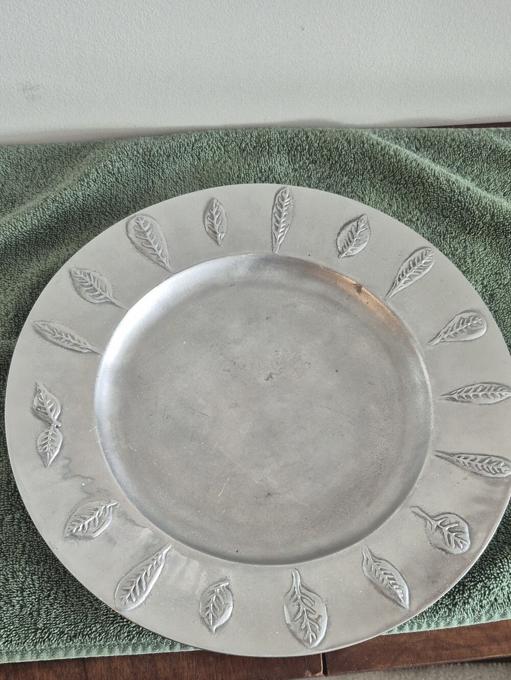 Decorative Pewter Charger Plate with Leaf Motif - Silver